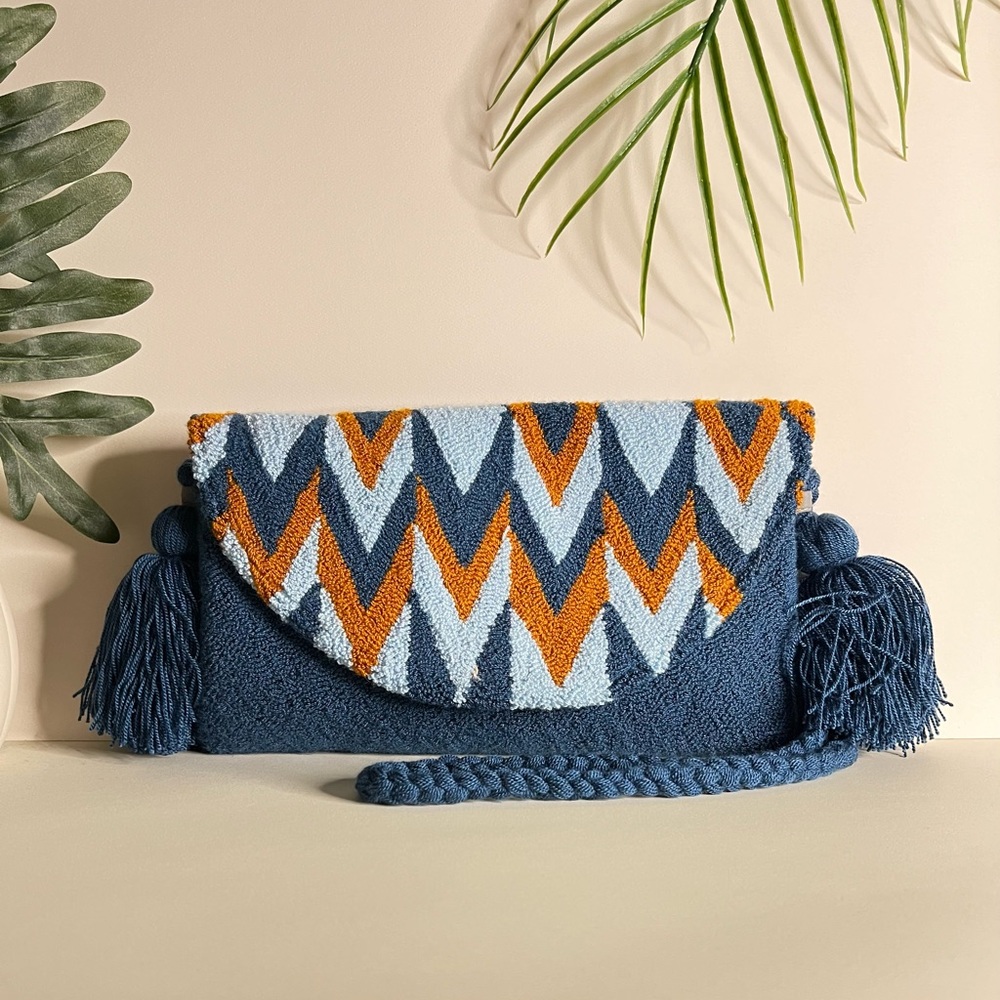 Blue Chevron Hand-Knit Shoulder Bag  - Cool Retro Crossbody Bag - Trendy Bag